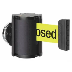 This magnetic-mount retractable belt barrier features a 15 ft yellow belt with restricted access messaging. The black housing and base allow quick attachment to metal surfaces without drilling. Suitable for defining boundaries in industrial or public areas where temporary access control is needed.