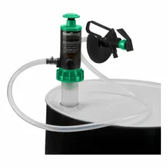 This air and hand-operated piston drum pump is designed for transferring fluids from drums or containers. It features a polypropylene (PP) suction tube and includes a discharge hose and nozzle. With a maximum flow rate of 4.5 gpm, it is suitable for handling water-based liquids and certain chemicals in industrial settings.