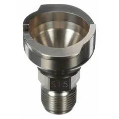 This stainless steel adapter connects PPS series spray gun cups to spray guns. It features a 3/8 in thread size and is designed for use in industrial painting and finishing applications.