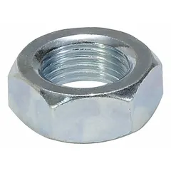 This steel mounting nut is used to secure pneumatic or hydraulic cylinders in industrial equipment. It has an overall length of 2 1/4 inches and an overall width of 13/16 inches.