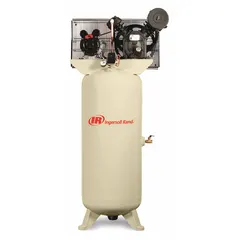 Two-stage, splash lubricated stationary electric air compressor with vertical 60-gallon tank. Delivers 14 cfm at 175 psi, powered by 240V AC single-phase. Suitable for powering pneumatic tools and equipment in workshops and maintenance operations.