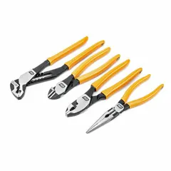 This 4-piece manual plier set includes a 10-inch tongue and groove plier and a slip-joint plier, all with dipped cushion grips. The pliers range from size 2 to 5, suitable for general gripping, turning, and clamping tasks in maintenance, repair, and assembly work. Supplied in carded packaging.