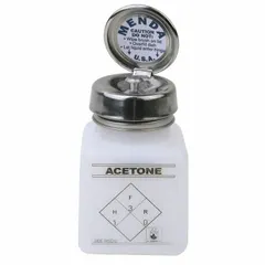 HDPE dispensing bottle pre-filled with acetone, featuring a dropper closure for controlled drop-by-drop dispensing. Suitable for precision cleaning, degreasing, and solvent applications requiring accurate liquid delivery. Non-sterile, colorless liquid.