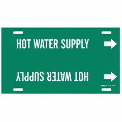 Strap-on pipe marker for identifying hot water supply lines in industrial piping systems. Green background with white legend text and directional arrows. Fits pipe outer diameters of 8 to 9-7/8 inches. Includes one marker.
