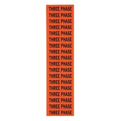 Self-stick vinyl marker with 'Three Phase' legend in C label style. Label height 1/2 in. Used for identifying three-phase electrical circuits on conduit or voltage sources in industrial facilities.