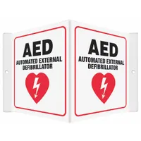 PETG sign with mounting holes for wall installation. Nominal size 6 in x 8-1/2 in, 0.06 in thick. Not retroreflective, does not glow in the dark. Used to mark the location of AED equipment in facilities