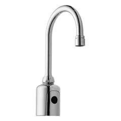 This single-post sensor faucet from the HyTronic Gooseneck series is constructed of cast brass with a polished chrome finish. It includes mounting hardware. Designed for touch-free operation in commercial restrooms and public spaces.
