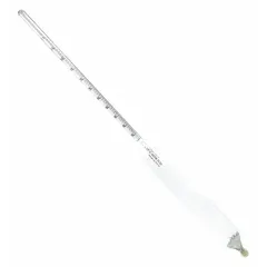 This hydrometer measures specific gravity with a range of 1000/1050 and scale divisions of 0.5. The ASTM Density Plain Form scale is used for density testing in industrial fluid analysis, such as checking battery electrolytes, coolants, or process liquids. Overall height is 13 inches.