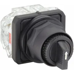 This Dayton selector switch features a long-handled knob with a maintained/maintained action for two-position On/On control. It has an extended lever cam E, 2NO/2NC contacts, and is rated 10 A at 600 V AC or 0.55 A at 125 V DC. The non-illuminated plastic operator head and non-metallic bezel suit panel-mount applications in industrial control circuits.
