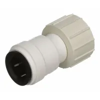 This polysulfone push-to-connect adapter connects 1/2 in OD tubing to a 3/4 in female garden hose thread (FGHT) end. It enables tool-free assembly in fluid systems for water or pneumatic applications