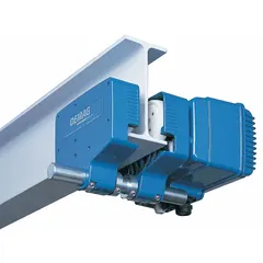 Motorized trolley designed to move hoists along flat beams in industrial material handling applications. Cast aluminum construction, operates on 575V AC power with dual speeds of 20/80 fpm. Supports a maximum hoist load capacity of 7,480 lb.