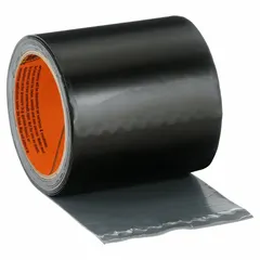 This roof repair tape is 4 inches wide, 10 feet long, and 34 mil thick. Made from black thermoplastic polyolefin, it is UV-protected and compatible with rubber surfaces. Used for sealing and repairing leaks, cracks, and seams in roofing systems.