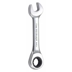 This metric 12-point ratcheting combination wrench features an 11 mm head size and a 4-inch overall length. Constructed from alloy steel with a chrome finish, it is suited for general fastening tasks in automotive, machinery, and equipment maintenance.