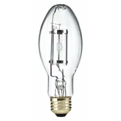 Ceramic metal halide HID lamp with ED17 shape and medium screw (E26) base. Operates at 50.2 watts with a 3000K color temperature. Suitable for universal burning orientation. Commonly used in accent and general lighting applications where warm white light is required.