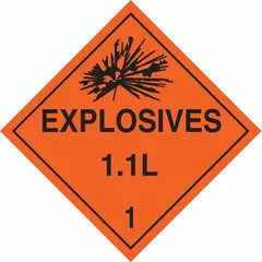 Class 1: Explosives placard measuring 10 3/4 in x 10 3/4 in with a 10 3/4 in label height. Displays the message 'Explosives 1.1 L 1'. Used for container identification in hazardous materials environments.