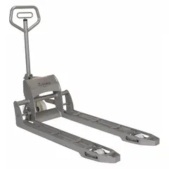 This corrosion-resistant pallet jack is constructed with stainless steel to withstand wet, washdown, or corrosive environments. It has a 3300 lb capacity, standard forks measuring 45 in length and 27 in overall width, with a 14 in width between forks. Suitable for moving palletized loads in food processing, pharmaceutical, and chemical plants where standard steel jacks would rust.
