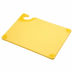 This yellow co-polymer cutting board measures 9 inches wide by 12 inches long. NSF Certified for food-contact surfaces, it is suitable for commercial food preparation tasks such as chopping, slicing, and dicing. The material resists knife scarring and is easy to clean, supporting sanitation in high-volume kitchen environments.