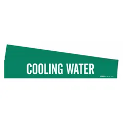 Green adhesive pipe marker with white 'Cooling Water' legend, designed for pipes with outer diameters from 2-1/2 to 7-7/8 inches. Sold in a pack of 5 markers without directional arrows. Used to identify cooling water lines in industrial piping systems for clear facility labeling.