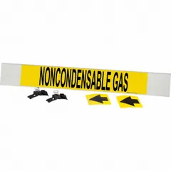 This fiberglass carrier-mounted pipe marker identifies noncondensable gas lines. It features a yellow background with black legend text and directional arrows, fitting pipe outer diameters of 8 inches and larger. Suitable for industrial piping systems requiring clear content and flow direction identification.
