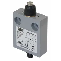 This limit switch features a plunger actuator and a 9.8 ft cable with 4-wire, 18 AWG, SJT electrical connection. It is designed for top mounting with a 25 mm horizontal center-to-center distance between mounting holes. Used in industrial automation for position sensing of moving parts in conveyor systems, packaging machinery, and safety interlock applications.