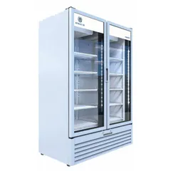 The BEVERAGE-AIR MT53-1W is a white glass-door refrigerated merchandiser with positive-close doors, measuring 78 3/8 x 54 1/4 x 29 1/8 inches. It uses R-290 refrigerant and is suited for commercial beverage display in retail and foodservice settings.