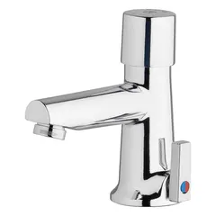 Single-post push-button metering bathroom faucet constructed of cast brass. Flow rate of 0.5 gpm. Includes mounting hardware. Suitable for commercial restrooms and public facilities where water conservation and reliable handwashing are required.