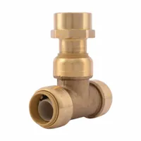This standard brass push-to-connect tube fitting is a tee adapter with sizes 7/8 in OD x 3/4 in Pipe x 3/4 in OD x 3/4 in Pipe. It enables quick connections without soldering or clamping, suitable for use with copper, PEX, CPEX, and CPVC tubing in plumbing systems