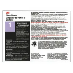Secondary bottle label with legend '3M Glass Cleaner 1'. Measures 8 1/2 inches wide. Supplied in a pack of 12. Used to identify containers holding glass cleaner in industrial and facility settings.