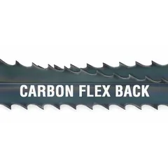 Carbon steel band saw blade with flex-back design for curved cuts. Measures 5 ft 8 in length, suitable for cutting wood, plywood, aluminum, plastic, and soft metal. Accommodates material thicknesses from 3/8 in to 5/8 in.