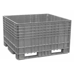This BUCKHORN non-collapsible plastic bulk container has a 25.9 cu ft capacity with external dimensions of 48 in x 44 in x 29 3/8 in. It features a solid wall design, 2-way fork entry with fork pockets, and is stacking capable. The container is stationary, gray in color, and does not include a lid. Typical applications include storing and transporting bulk materials in industrial environments such as warehouses and distribution centers.