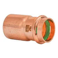 Copper or bronze press reducer with FTG x Press-fit ends, sized 1 1/4 in CTS x 1 in CTS. Features a Seal Window for visual installation verification. Used to connect copper tubing in plumbing systems