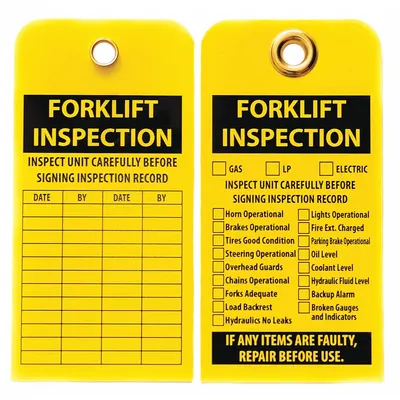 SKILCRAFT Tag: Forklift Inspection, 3 in Wd, 5 3/4 in Ht, Yellow, Plastic, 0.055 in Thick - Safety