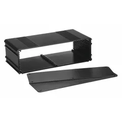 Metallic enclosure with NEMA 4 rating for protection against dust, rain, and hose-directed water. Constructed of black aluminum. Includes two end panels. Suitable for junction boxes, control panels, and terminal wiring in indoor or outdoor industrial environments.
