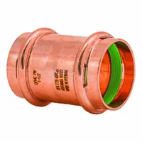 This press coupling fitting joins two 1/2 in CTS copper or bronze tubes in plumbing systems. It features a No Center Stop design and a Seal Window for visual installation verification. Suitable for use in residential and commercial plumbing applications