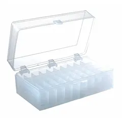 Clear polypropylene storage box for organizing and protecting up to 50 microtubes (1.5 to 2.0 mL) in laboratory settings. Overall dimensions: 3 5/8 in height, 5 5/8 in length. Provides visibility and secure storage for samples.