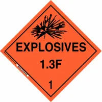 Class 1: Explosives placard measuring 10 3/4 in x 10 3/4 in with a label height of 10 3/4 in. Displays the message 'Explosives 1.3 F 1' for identifying containers holding Division 1.3 F 1 materials. Used in hazardous materials environments for compliance with DOT labeling requirements