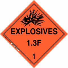 Class 1: Explosives placard measuring 10 3/4 in x 10 3/4 in with a label height of 10 3/4 in. Displays the message 'Explosives 1.3 F 1' for identifying containers holding Division 1.3 F 1 materials. Used in hazardous materials environments for compliance with DOT labeling requirements.