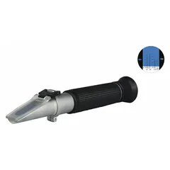 Analog handheld refractometer for measuring refractive index, serum protein, and specific gravity (urine). Accuracy ±0.0005, resolution 0.0005 RI, manual temperature compensation. Suitable for clinical and laboratory fluid analysis.