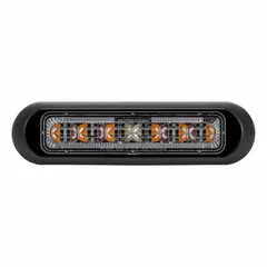 Surface-mount perimeter warning light with clear lens and amber, green, and red LED outputs. Operates on 12/24V DC and features 28 selectable flash patterns. Used for emergency vehicle area lighting to provide multi-color warning signals.