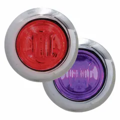 LED round surface mount marker light with purple/red lens and IP67 rating. Features bullet connectors for electrical connection and hole mount type. Used as a clearance or marker light on vehicles to indicate width and position.