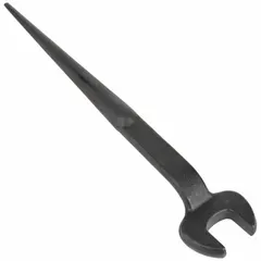 This SAE offset open end spud wrench is constructed from alloy steel with a black oxide finish. It features a 3 in head size and 11/16 in head thickness. The offset design provides clearance for aligning bolt holes and tightening or loosening nuts and bolts in confined spaces.