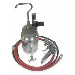 This conventional spray gun kit is designed for applying paints and coatings in industrial finishing and maintenance tasks. It features a 14-inch configuration, 1/4-inch air inlet, and consumes 14.3 cfm at 50 psi. The kit includes a 6 ft air hose.