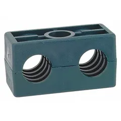This beta clamp consists of a steel outer clamp and a polypropylene cushion with a textured core, designed to secure and dampen vibration for two parallel lines. The ribbed bore enhances grip and reduces noise in hydraulic, pneumatic, and process piping systems.