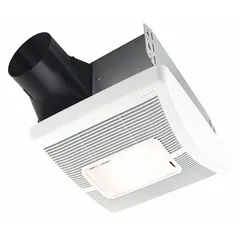 Ceiling-mount exhaust fan with integrated incandescent A19 light, rated 110 cfm at 1.3 sones. Single-speed 120V AC operation with round duct connection and non-metallic damper. Mounts directly to stud or joist for moisture and odor removal in residential bathrooms.