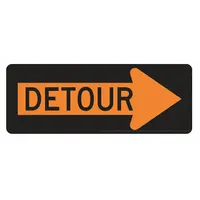 Rigid aluminum detour sign, 0.08 in thick, 18 x 48 in nominal size. Orange with High-Intensity Prismatic retroreflective sheeting. Complies with MUTCD standard M4-10R for temporary traffic control in road construction or closure zones