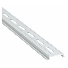 This aluminum mounting track is designed for use with DIN rail mount products. It provides a standardized rail for securing components such as terminal blocks, relays, and circuit breakers within industrial control panels and enclosures.