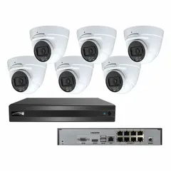 Fixed outdoor turret camera for video surveillance network IP systems. Provides 2560 x 1440 (4MP) resolution with 0 lux minimum light level for low-light operation. Operates on 12V DC power. Kit includes a USB optical mouse.