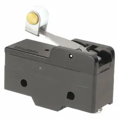 This OMRON snap-action switch features a hinge roller lever actuator and SPDT contact configuration. It is rated for 20 A at 250 V AC and connects via screw terminals. Typical applications include position sensing and limit control in industrial machinery, conveyor systems, and packaging equipment.