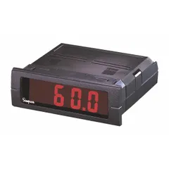 DC voltage digital panel meter with a red LED display spanning -1,999 to 9,999. Accuracy is ±0.2% of reading ±1 count. Features a high-contrast display and screw clamp terminals. Includes mounting brackets. Used for voltage monitoring in control panels and test equipment.