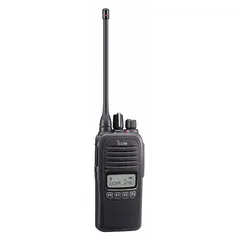 UHF analog handheld two-way radio with 4W output power and 128 channels. Features an alphanumeric display, 14-hour battery life, and IP67 dust/water resistance. Requires an FCC license. Suitable for business and industrial communications in settings such as construction sites, manufacturing facilities, and security operations.